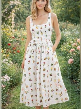 7 For All Mankind NWT Corset A-Line MIDI Dress 4 Botanical Cottagecore Flowing